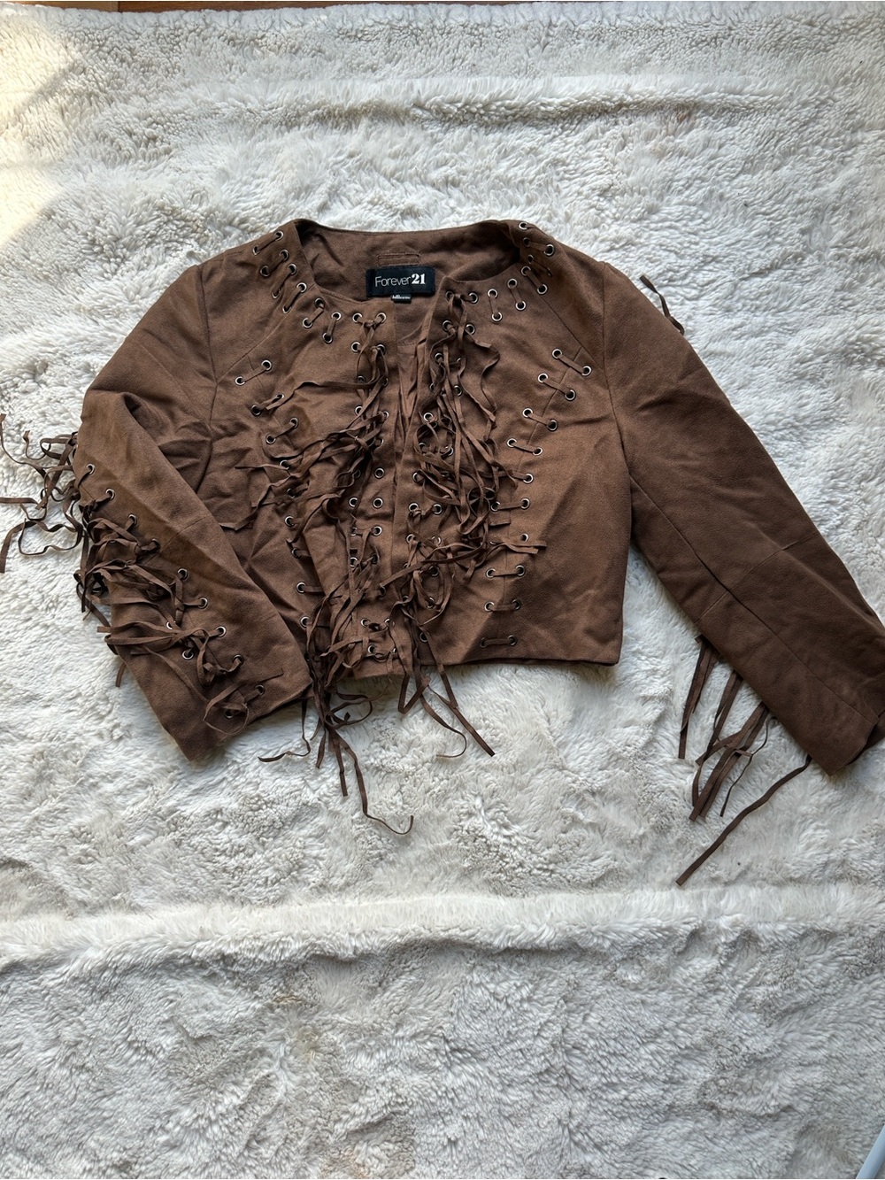 Forever 21 Brown Faux Suede Cropped Fringe Lace-Up Jacket boho western size L